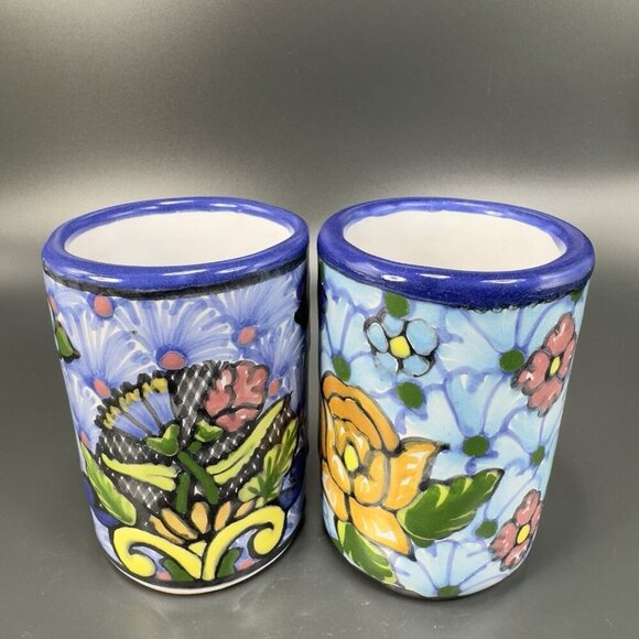 Hand Made Talavera Pottery Cups Tumblers Set 2 Signed Zepeda Puebla Mexico Cups - Picture 8 of 12